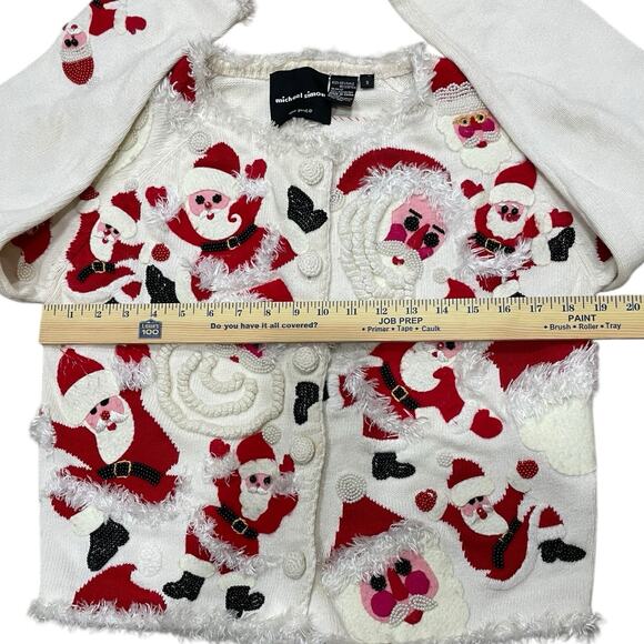 Michael Simon Here Comes Santa Claus Cardigan Sweater Size Small Christmas White - Picture 6 of 7